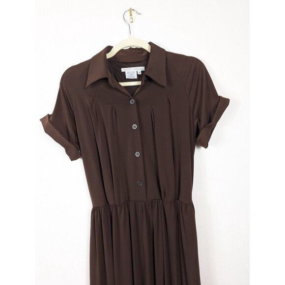 Maggy London Vintage Brown Button Down Midi Dress Collared, Short Sleeve 8 - Picture 3 of 11